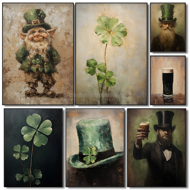 St Patrick's Day Rustic Clove Irish Wall Art Gifts Green Poster and Prints Canvas Painting Wall Art Pictures Home Room Decor