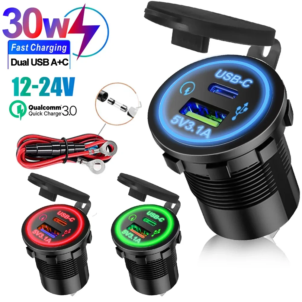 USB-C Dual-USB-Schnellladegerät Typ-C-Buchse 12V auf 5V 12-24V Ladegerät Motorrad Dual-Anschluss-Ladegerät Adapter Steckdose