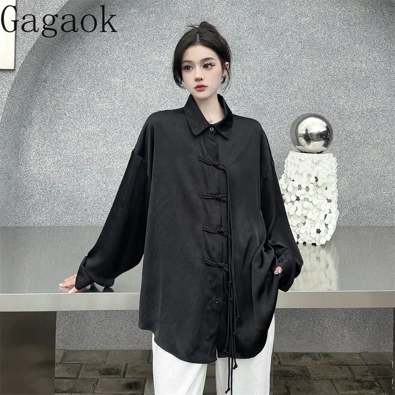Gagaok BF Blouse Women Summer New Solid Lapel Button Full Shirts Loose Casual Vintage Fashion Harajuku French Wild Blouses