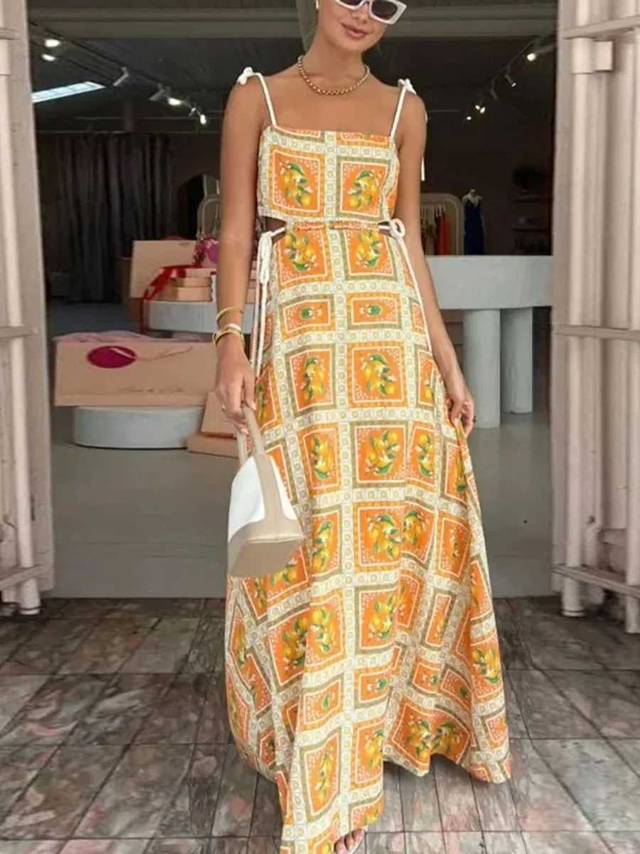 

Women Lacing-up Dress Waist Cut-out Orange Print Square Neck Sleeveless Backless Flowy Cami Long Dresses