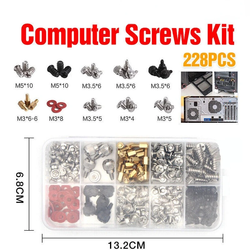 

Computer Screws Standoffs Set Kit 228PCS Hard Drive Motherboard Mount Cooler Repair Screw DIY PC Case Fan Bolt Assortment Kit