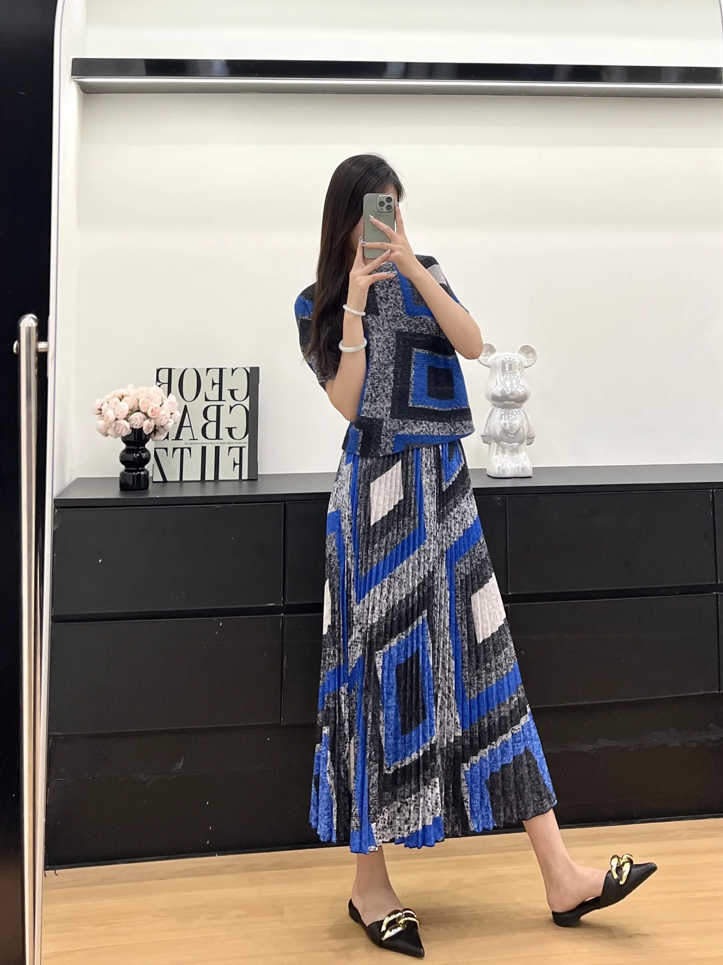 

Miyake Pleated 2 Piece Printed Set 2025 Summer New Hundred Fashionable Top + Elastic Pleated A-Line Half Skirt Set