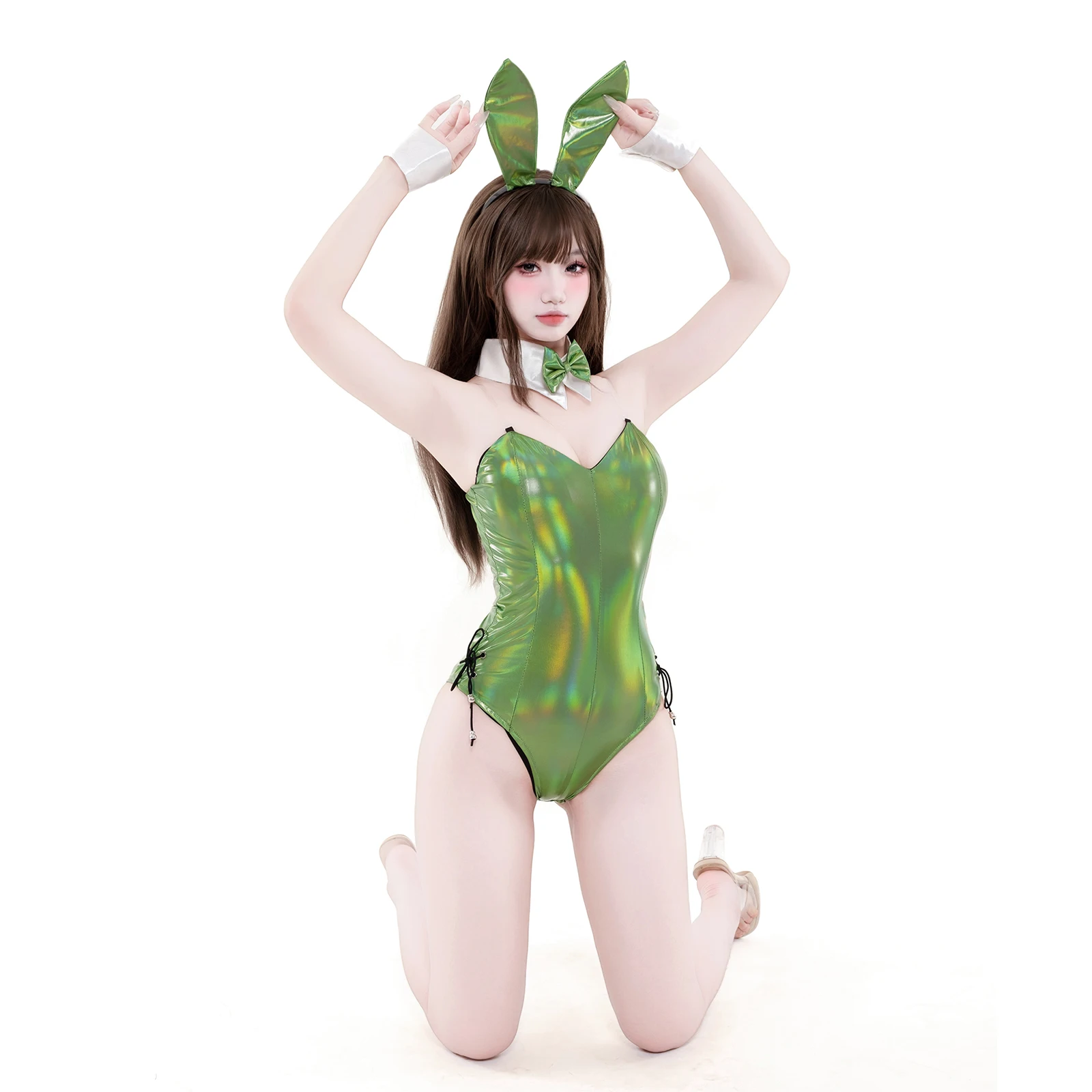SENMHS أنيمي لطيف الأرنب فتاة تأثيري حلي المرأة مثير الليزر براءات الاختراع والجلود ارتداءها فتاة المدرسة Kawaii أرنب موحدة الملابس الداخلية