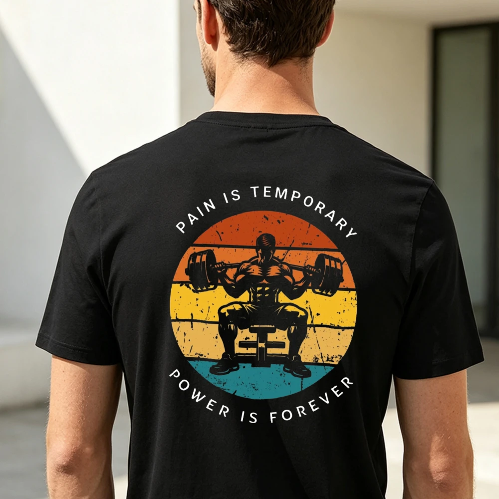 Pain Is Temporary Power Is Forever Summer Men Cotton Tshirt Weightlifting Man Sunset Retro Graphic Versatile Short Sleeve Outfit