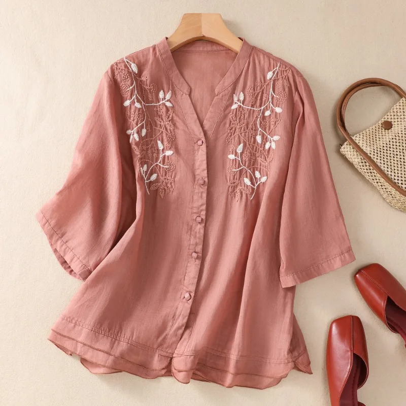 Embroidery Women\'s Shirts Summer New Chinese Style Blouses Cotton Linen V-neck Ladies Clothing 2023 Solid Loose Tops