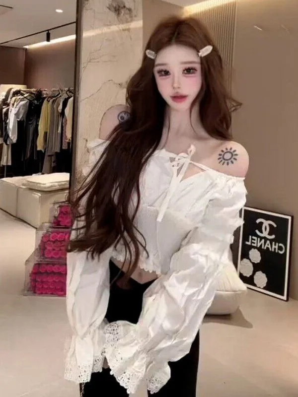 

Slim Fit Lace Patchwork One Shoulder Long Sleeve Shirt Women's Spring Summer New Style Belted Short Top Elegant Casual Blouse
