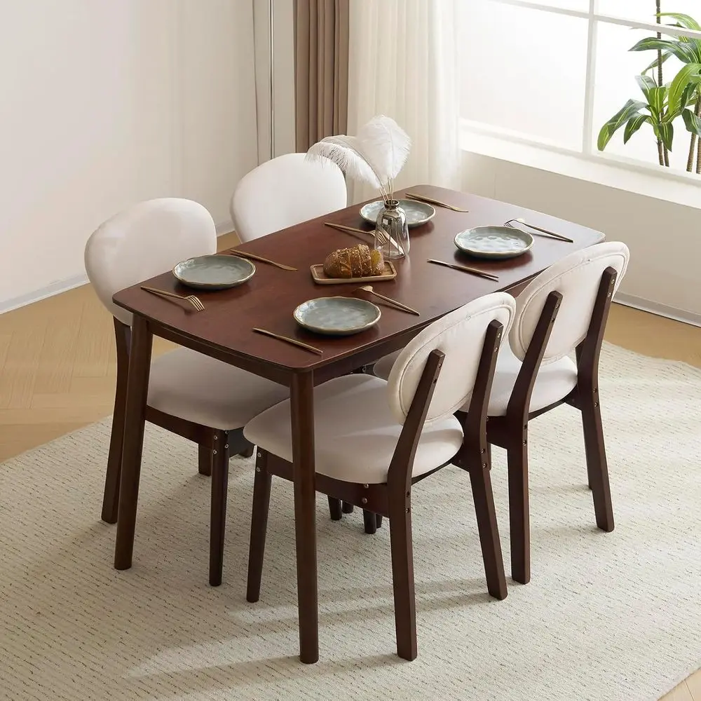 

Mid-Century Modern Dining Table Set for 4-5-Piece Compact Kitchen Table & Chairs with Padded Seats, Brown Wood Dining Room Set f
