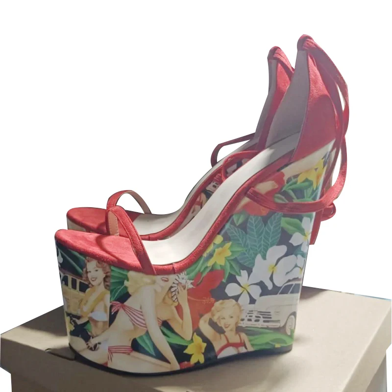 

DIZHUANG Sexy women's high-heeled sandals. Red suede sandals. About 20cm heel height. Wedges platform sandals. Printed platform