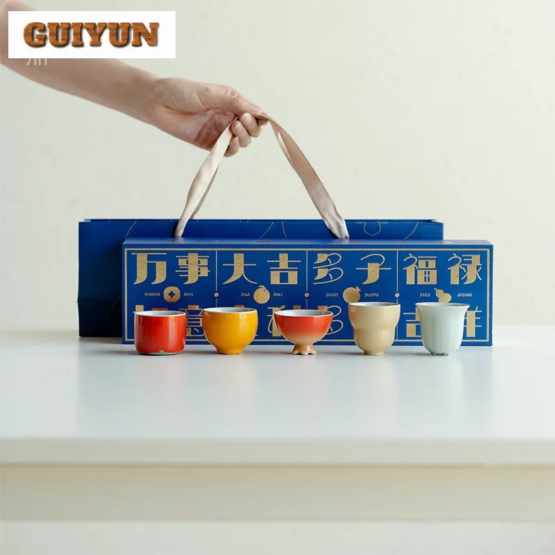 

5pc/lot Biomimetic Autumn Fruit Ceramic Tea Cup Creative Heterocarpous Pomegranate Master Cup Tea Bowl Kung Fu Teaset Gift Box