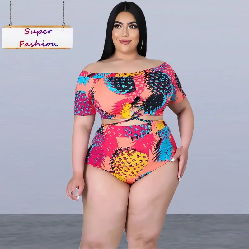 XL-5XL Plus Size two piece set Swimsuit summer 2021 Sexy printing Bandage top and shorts outfits women Wholesale Dropshipping