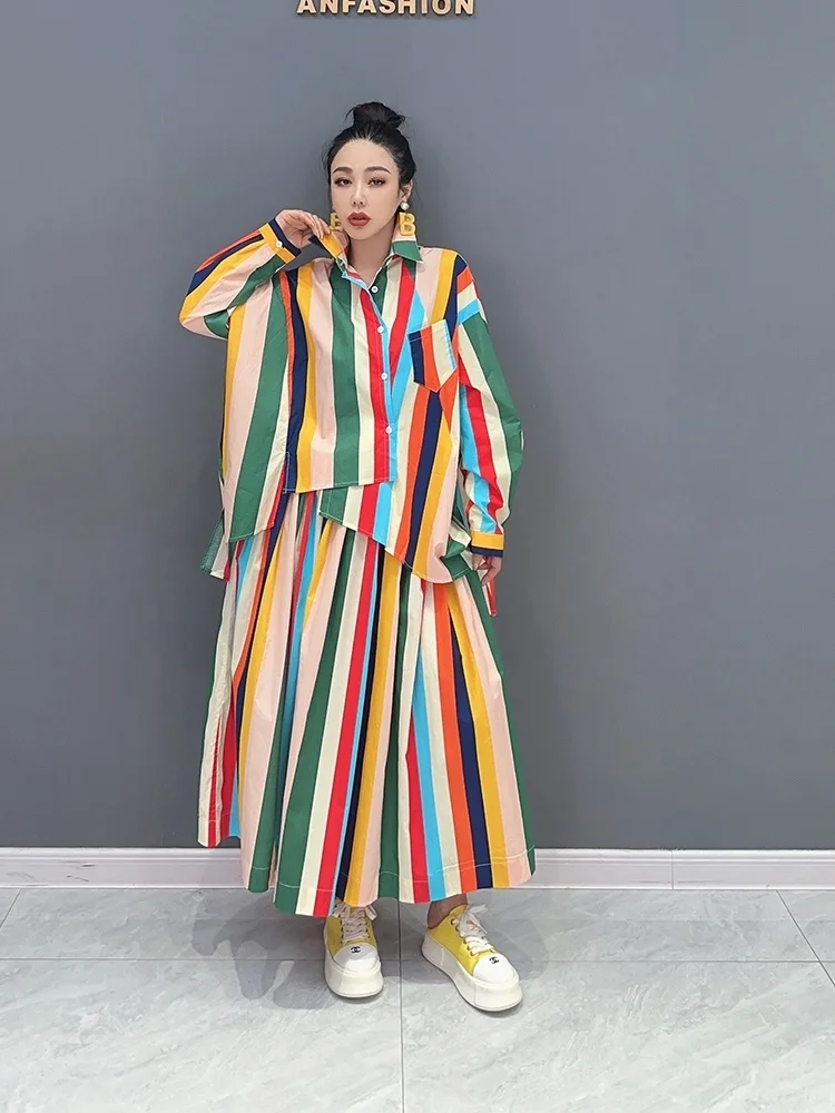 2023 Spring Autumn New Women Korean Style Casual Colorful Stripe POLO Collar Shirt Top Trendy Half Dress Two Piece Set ZY2121