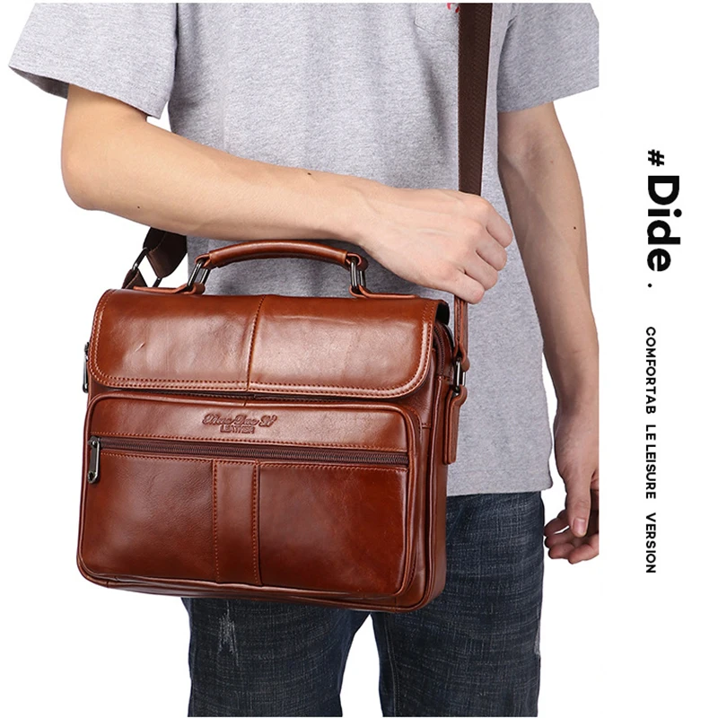 Maletín de cuero genuino de lujo para hombre, bolso Vintage de oficina, bolso de mano de piel de vaca, bolso cruzado de cartera de mensajero de negocios para Ipad