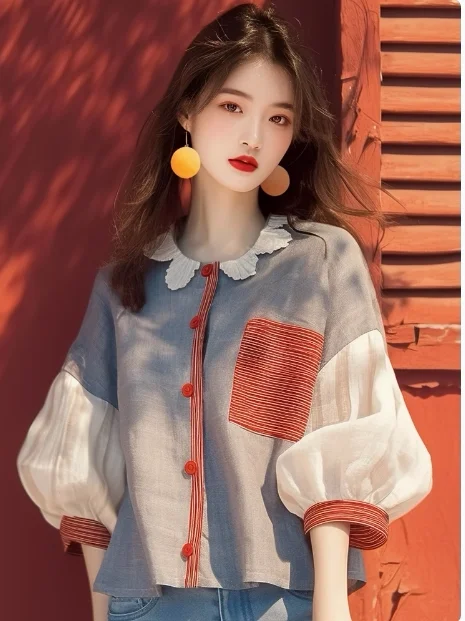 

Уникальная красивая синяя блузка с длинным рукавом в корейском стиле, антивозрастная, весна-осень, новинка, женская, из полиэстера, фиолетовая.