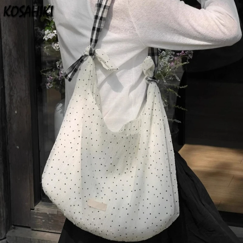 

Korean Chic Dot Girls Canvas Bags 2025 New Casual Kawaii Sweet Women's Handbags All Match Chic Fashion Ins Shoulder Underarm Bag