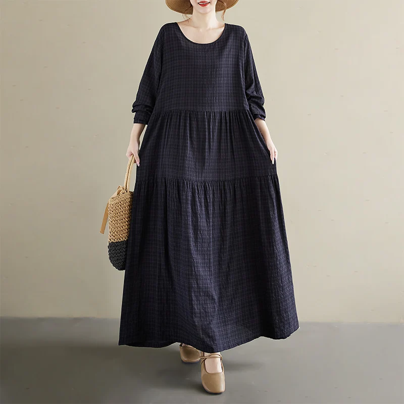 

Ретро Хлопок Лляна Длинная Све круглая Ne Midi Dr для женщин среднего возраста Bla Color Blo Юбка трапециевидной формы Повседневная Sle Ci Walk