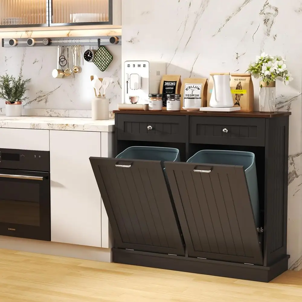 

Out Trash Can Cabinet Dog Proo with Double Wood Hidden Trash Can Holder, Kitchen ree Standing Recycling Cabinet（Black）