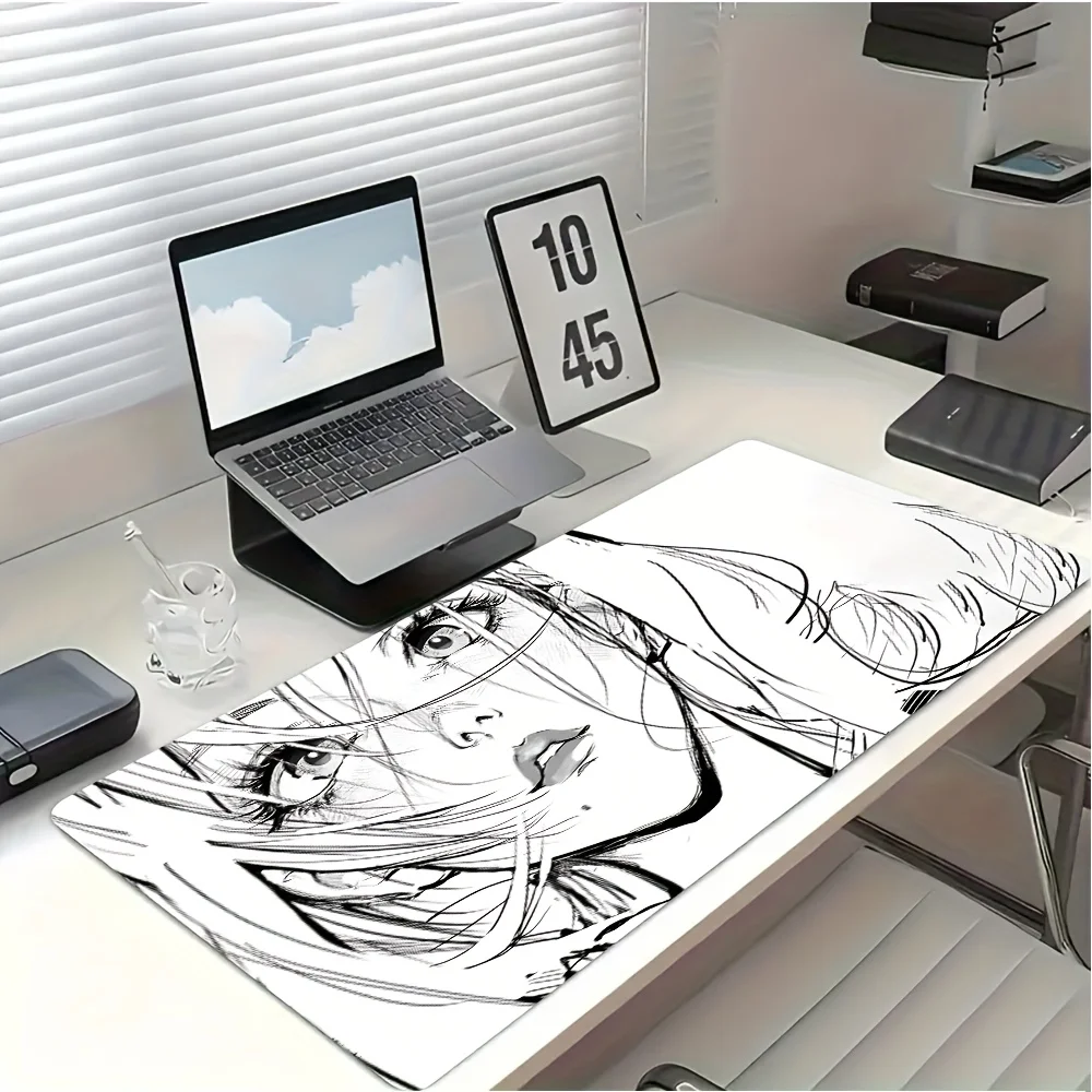 Black and White Anime Sketch Gaming Mouse Pad, Large Non-Slip Desk Mat with Artistic Girl Portrait for Gamers Office
