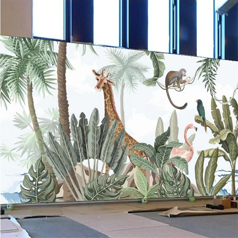 Custom Tropical Rain Forest Animal Wall Paper 3D Giraffe Flamingo Restaurant Wallpaper Living Room Bedroom Home Decor Mural