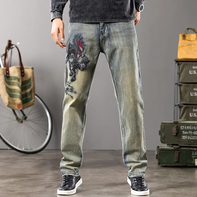 Dragon embroidered jeans for men Straight slim fit stretch fashion tear jeans men Large size 28-44