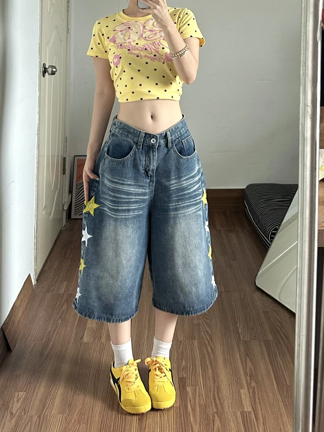 

Summer New Women's Straight Leg Seven-Foot Jeans plus Size Conceal Meat Loose Wide Leg Denim Shorts High Waist Comfortable Fit