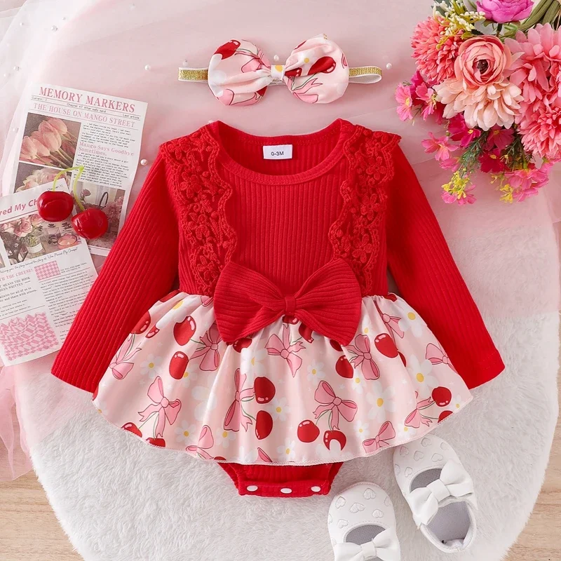 Autumn Newborn Baby Girls Rompers Clothes Lace Trim Ribbed Floral Print Long Sleeve Bowknot Jumpsuits Skirts Headband Outfits