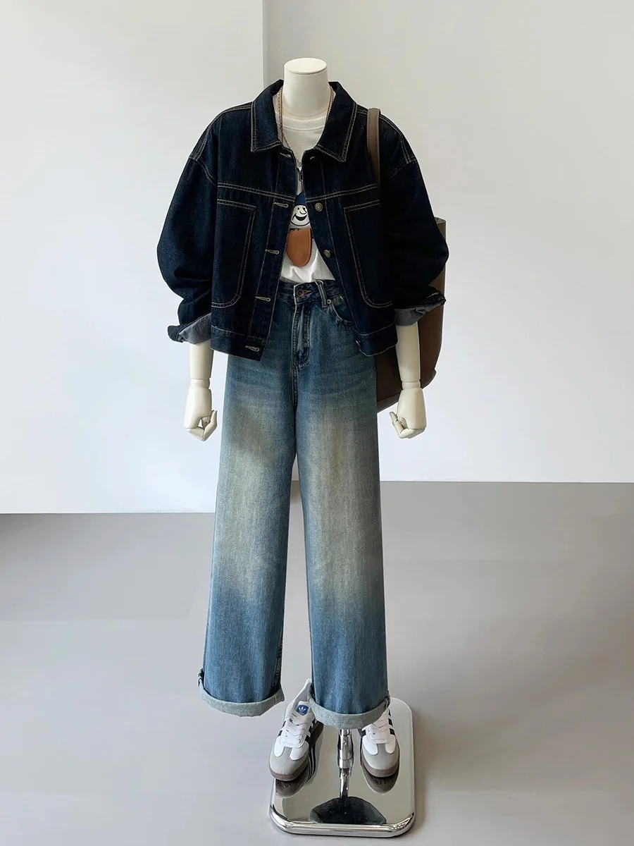 Wiosenno-jesienna, nowa, koreańska wersja, casualowa i wygodna, cienka koszula z kieszeniami, granatowa krótka kurtka jeansowa, styl roboczy dla kobiet.