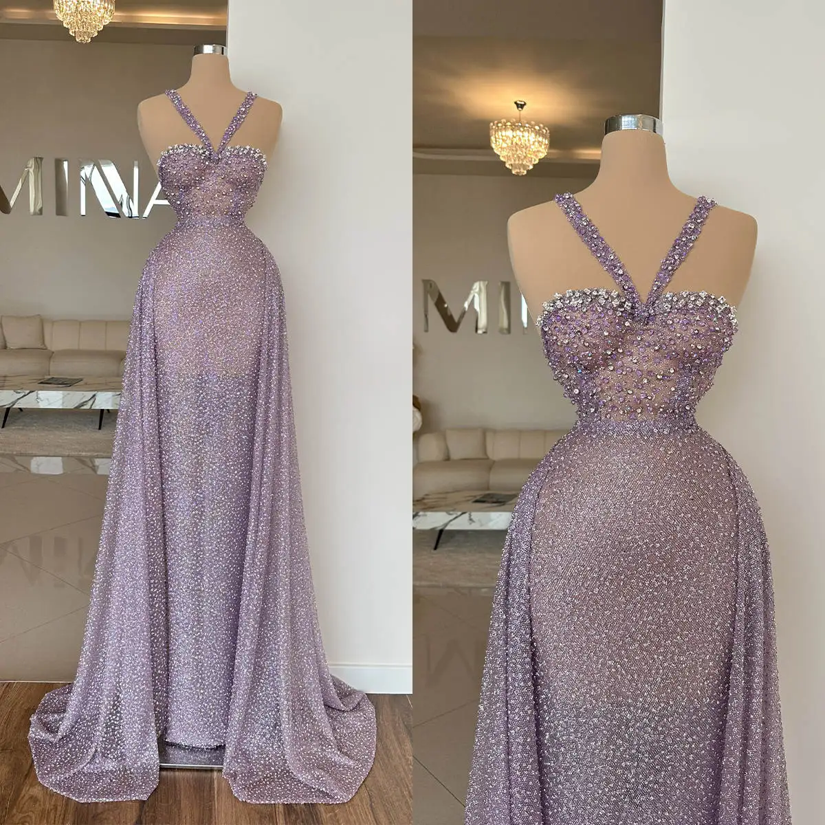 Purple Sheath Gown Prom Dresses Crystals Sequins Lace Sleeveless Celebrity Party Evening Dresses Plus Size Custom Size Color