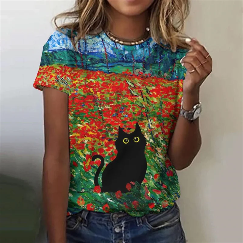 Funny Flower Cat Pattern T-Shirt For Women Plant Animal 3D Printed T Shirts Summer Fashion Street Tees Short Sleeves O-Neck Tops