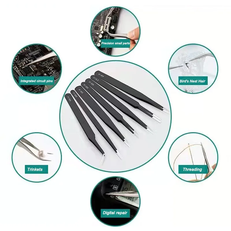 Pinzas antiestáticas de acero inoxidable, juego de pinzas profesionales para cejas, herramienta de reparación de precisión Industrial, rectas y curvadas
