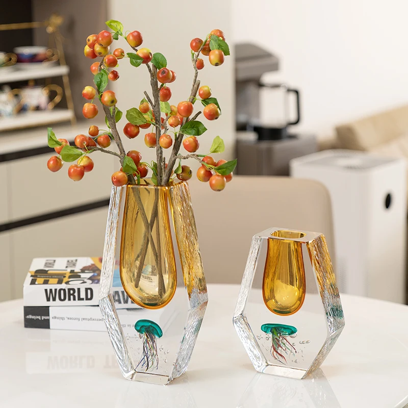 Luxurious High Sense Of Gradient Amber Glazed Vase Geometric Cut Living Room Table Czech High-End Glazed Art Flowerware