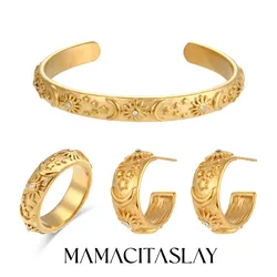 MamacitaSlay 316L Stainless Steel 18K Gold Plated Sun Moon Star Embossed Jewelry Set Open Cuff Bangle Hoop Earrings Band Ring