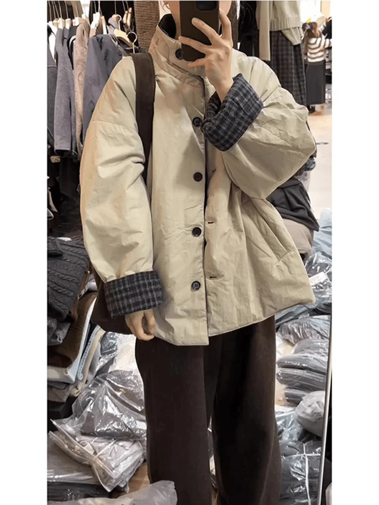 

Retro Japanese Khaki Color Block Design Stand Collar Cotton Jacket Women's Loose Fit Autumn Winter Bread Style Top