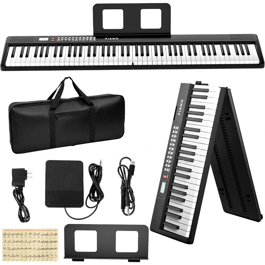 

Foldable Full Size 88 Key Digital Piano with Power Adapter Pedal Sheet Music Stand Sticker Bag for Beginners Black