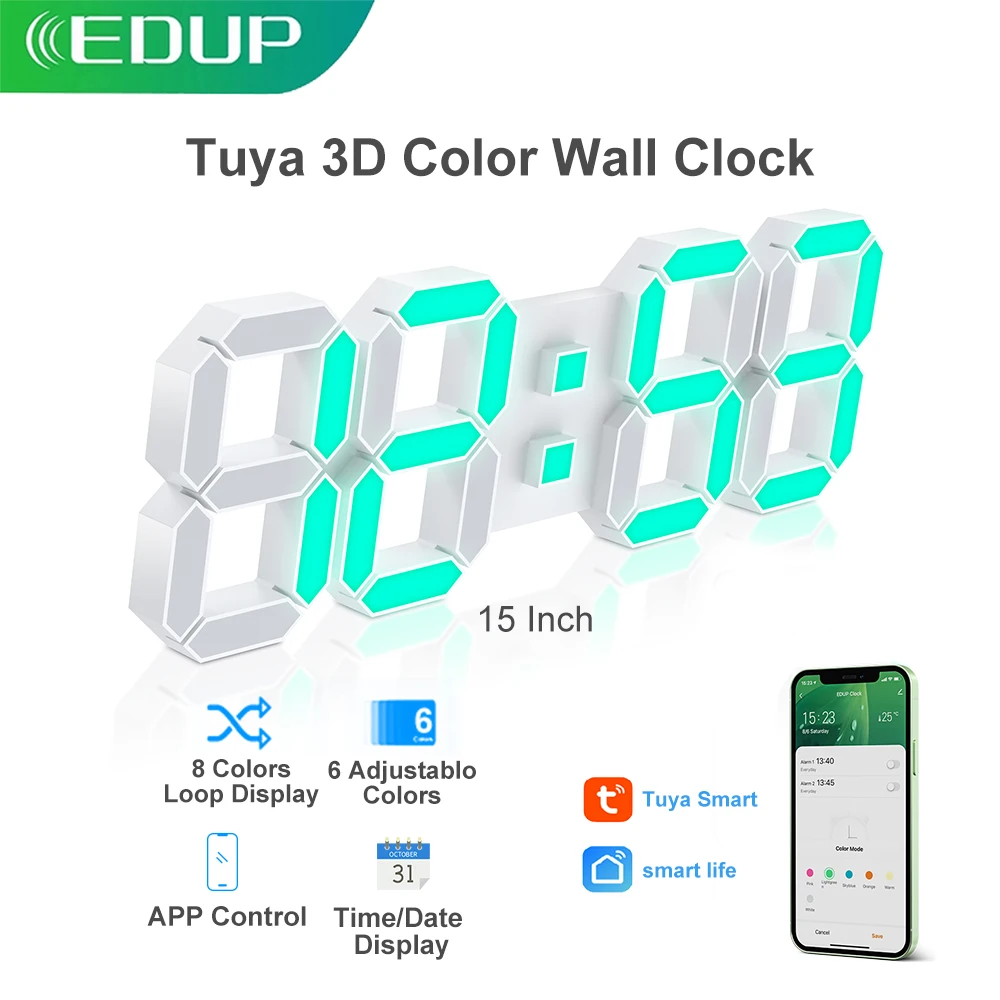 EDUP Wall Clock Tuya Smart Clock Time Date Display 6/8 Colors Alarm Clock with APP Control Wall Hanging Modern Design Home Decor