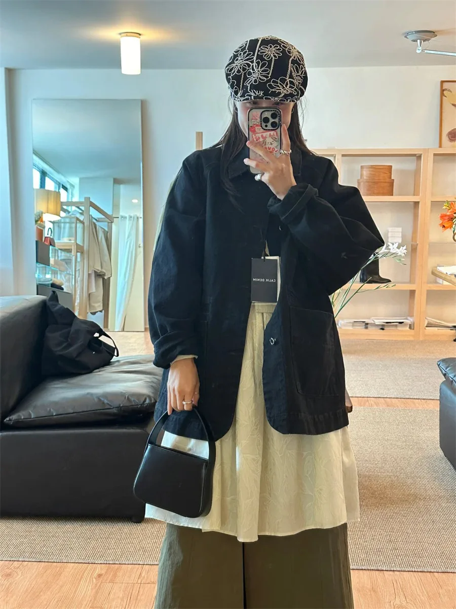 ゆったりとした女性用デニムジャケット、2025年春、ヴィンテージ風、通勤用、シングルピース、ロング丈、襟付き、ボタン留め