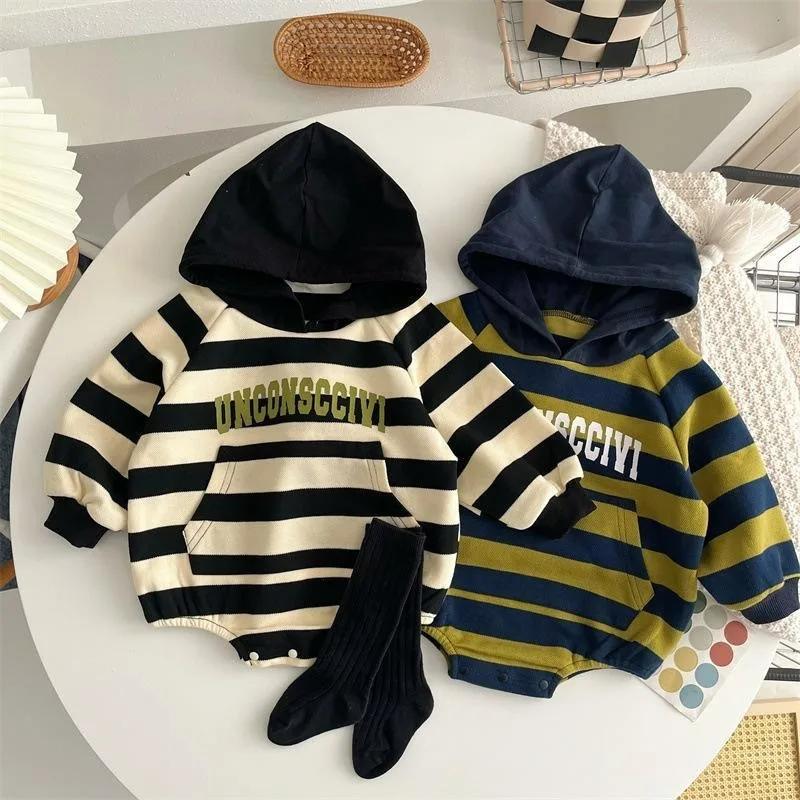 

Ircomll Korean Style Spring Baby Romper For Girls And Boys Stripe Hooded Infant Toddler Bodysuit Letter Baby Overalls Baby Coat