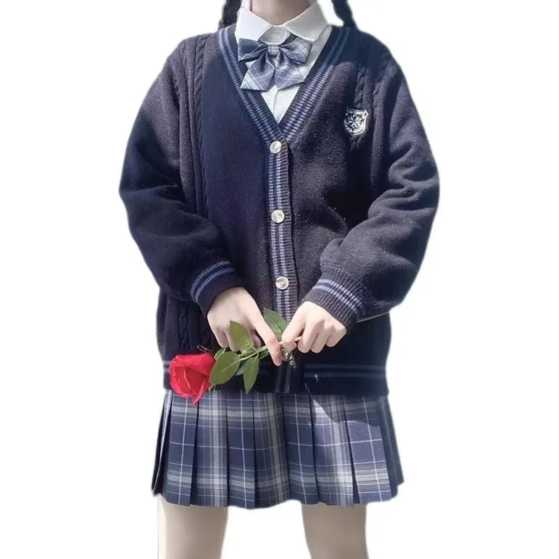 Cardigan lavorato a maglia stile College giapponese JK uniforme blu manica lunga maglione ricamo studente coreano sciolto scuola ragazze uniforme