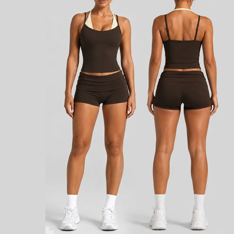 Ladies Halter Back Beauty Yoga Outfit Contrast Color Sports Tank Top Fold‑Over High Waist Shorts Pilates Fitness 2‑Piece Set