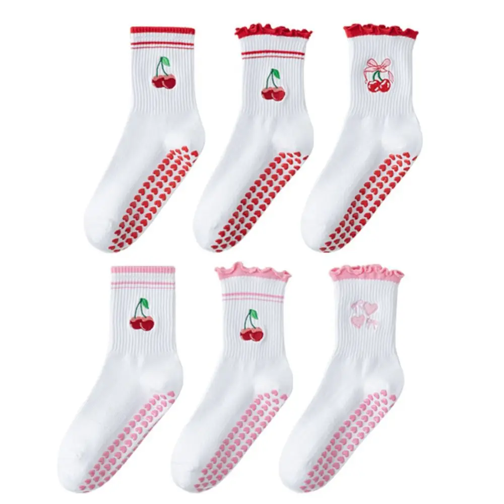 

New Cotton Pilates Socks Breathable Harajuku Street Yoga Socks Casual Non-Slip Grip Cherry Embroidery Socks