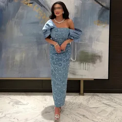 Saudi Arabic Evening Dress Customized Off The Shoulder Pearls Flowers Back Slit Ankle Length Cocktail Party Gown Prom Dresses