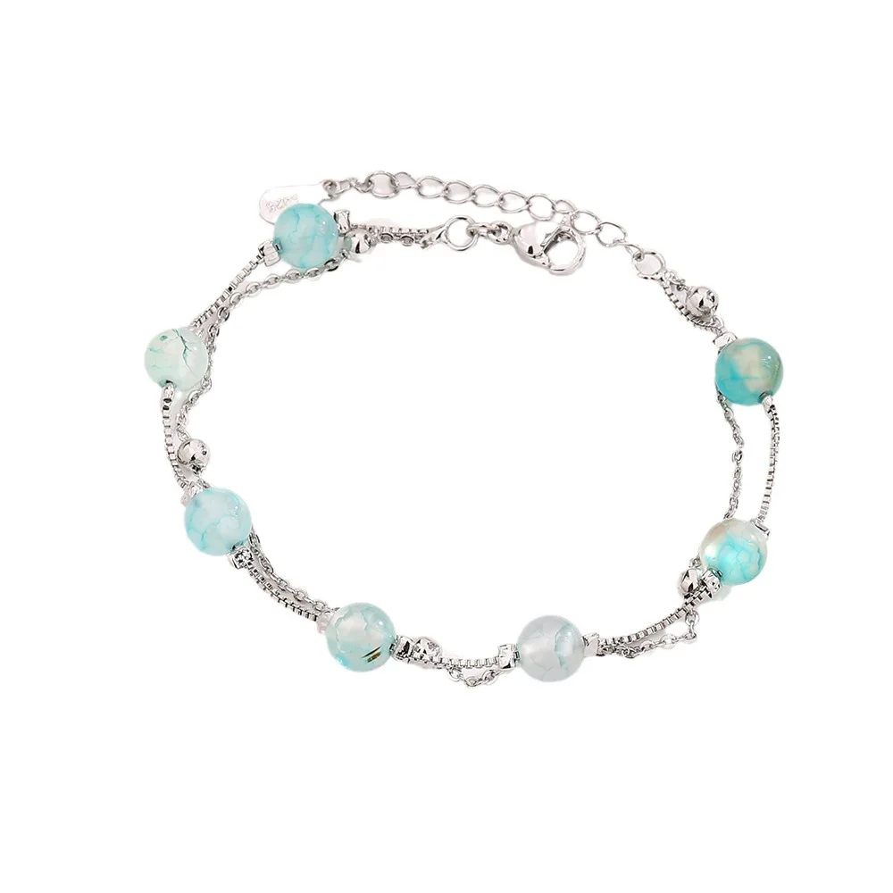 VENTFILLE 925 Sterling Silver Double Layer Agate Bracelet for Women Girl Green Texture Retro Sweet Romance Jewelry Dropshipping