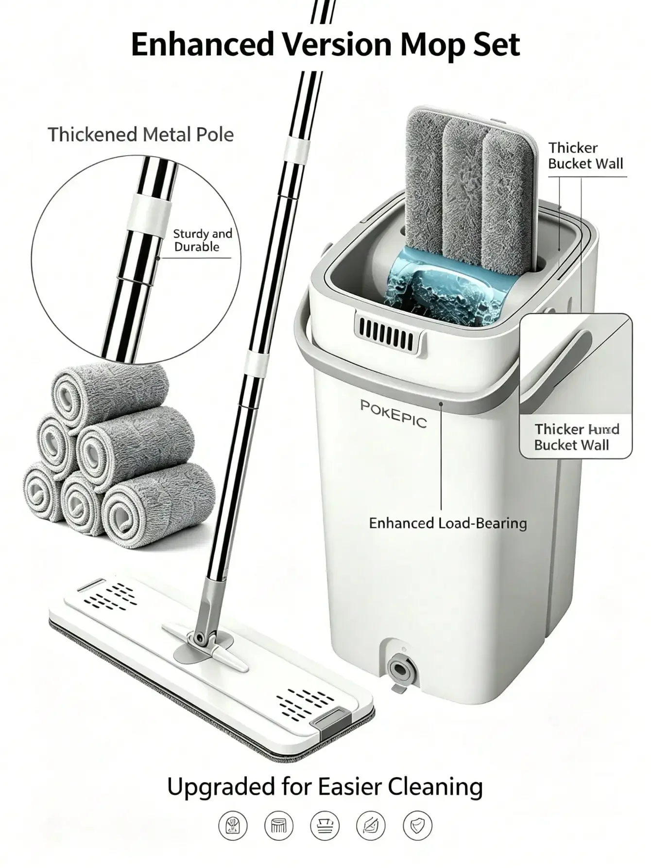 PokEpic 1PC Upgrade Mop And Bucket With Wringer Set, Flat Floor Cleaning Mop System With 6 Reusable Microfiber Pads, Wet Dry Household Cleaning Tool, Durable Floor Mop For Kitchen Bathroom Home Essentials, US Warehouse Fast Shipping