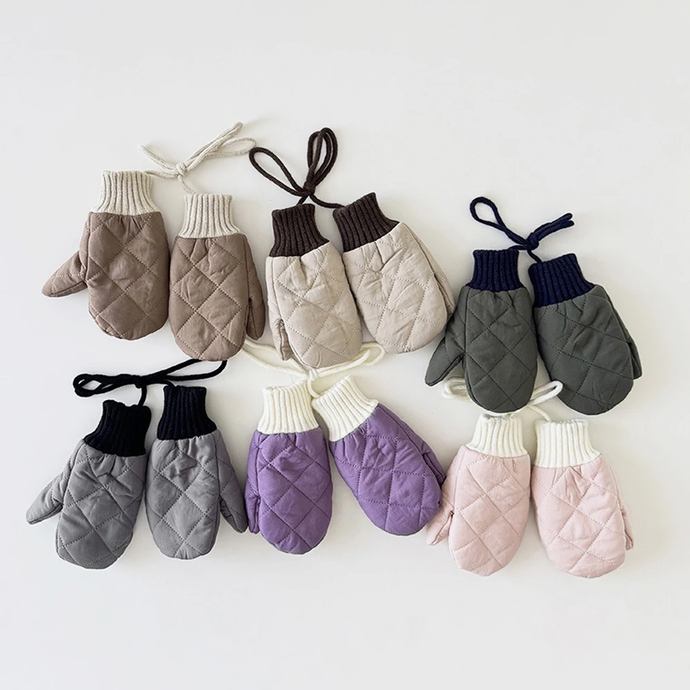 

Корейские детские зимние перчатки для девочек и мальчиков, лыжные варежки с лямкой на шее для детей, аксессуары, теплые однотонные детские перчатки, От 2 до 6 лет