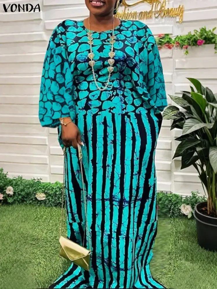 

Plus Size 5XL Women Dress Vintage Printed Sundress 2025 VONDA Bohemian 3/4 Sleeve Robe Casual O Neck Long Party Vestidos