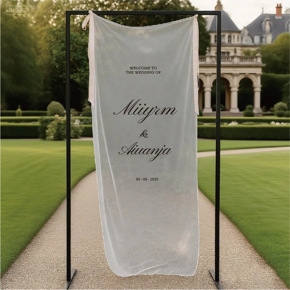 Romantic Transparent Wedding Signs, White Silk Giveaways, Wedding Welcome Signs, Modern Outdoor Sheer Wedding Banners, Personalized Wedding Decorations, Engagement Party Signs