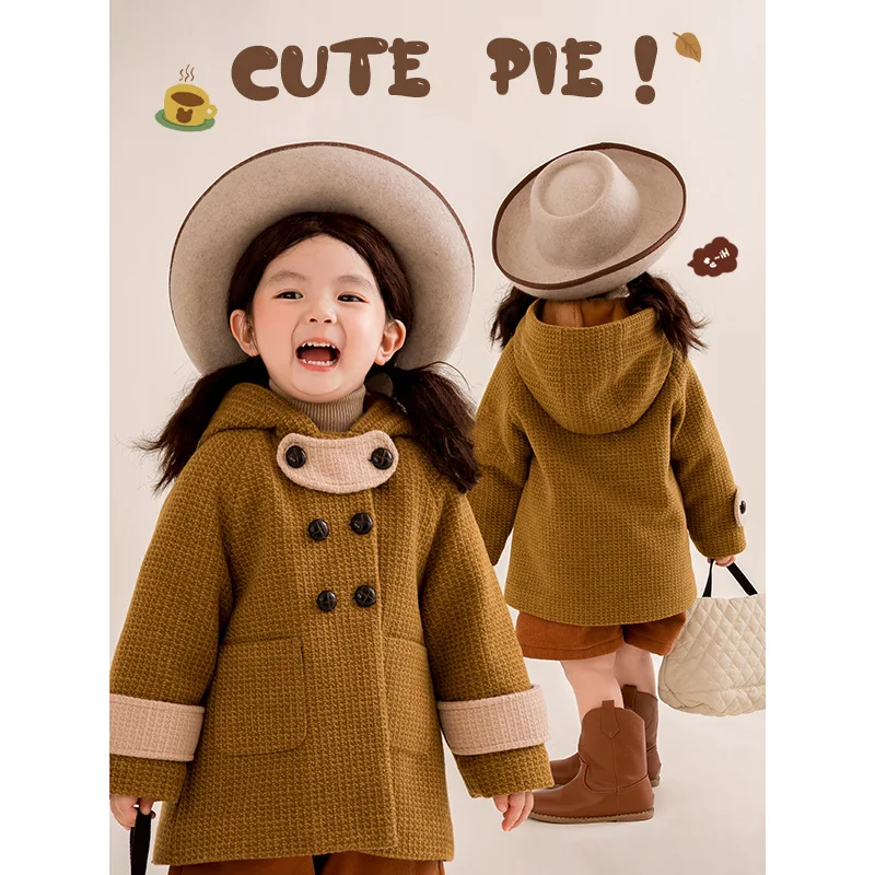 Girls Waffle Wool Coat 2024 Children Winter New Thickened Warm Padded Mid-length Woolen Coat Korean Simple Style Top Clothes