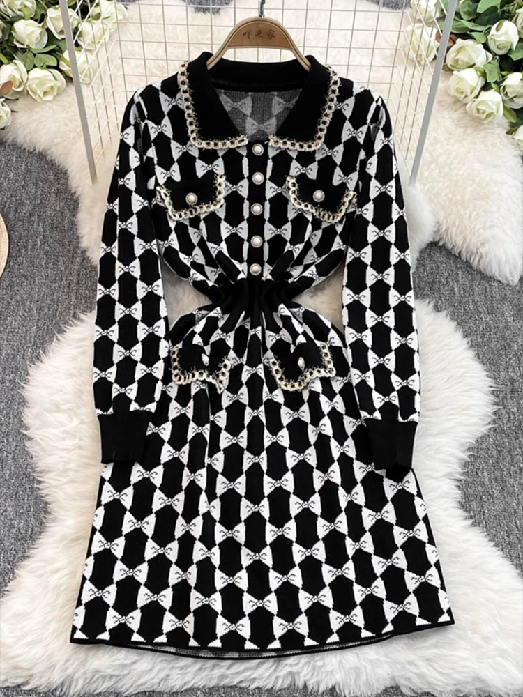 Knit Female Dress Midi Bodycon Knee Length Colorblock Clothing Crochet Women's Dresses Cover Up Plaid Hot Promotion