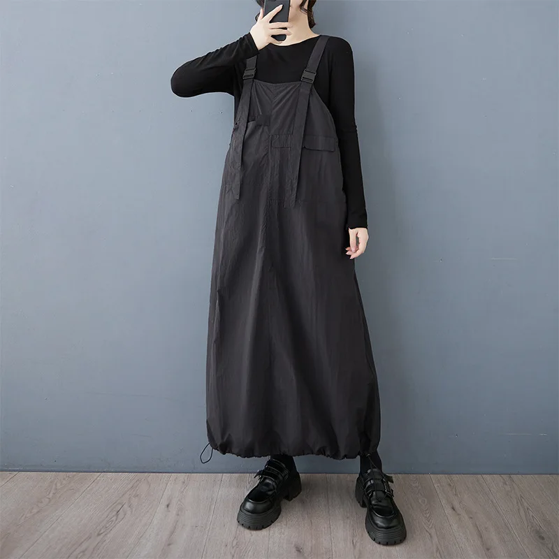 #2606 Black Sleeveless Spaghetti Straps Dress Women Ankle-length Thin Loose Streetwear Asymmetrical Overall Dress A-line Spring