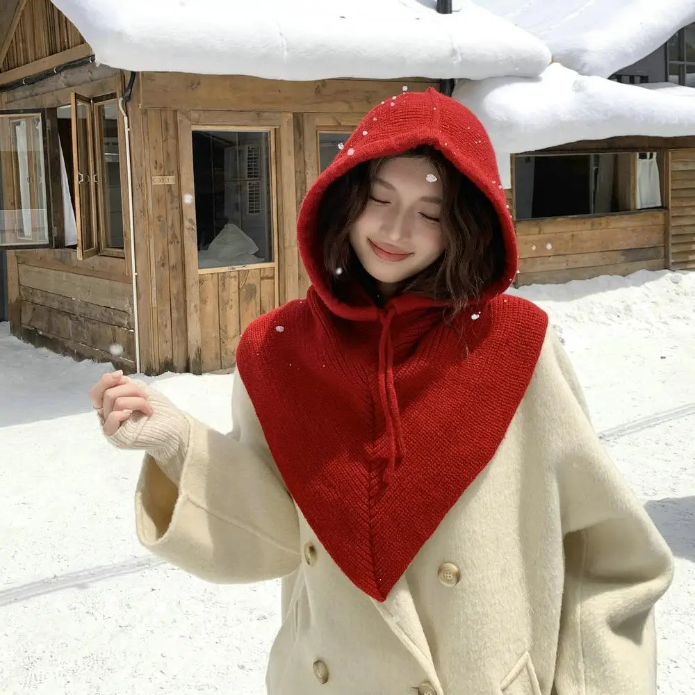 Knitted Balaclava Hat for Women Winter Knitting Hooded Caps Triangle Wrap Drawstring Hats One-Piece neck Collar Beanies Cap