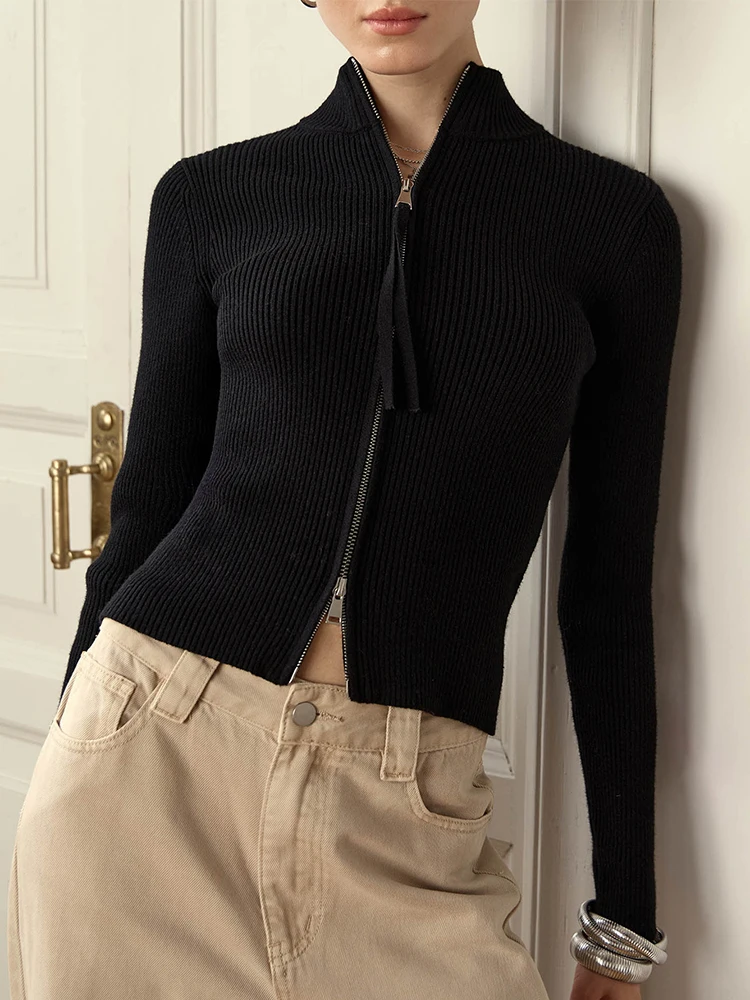 Trendix Women Winter Knit Cardigan Fashion Stand Collar Patchwork Long Sleeve Zipper Sweater Femme Slim Knitted Rib Cardigans